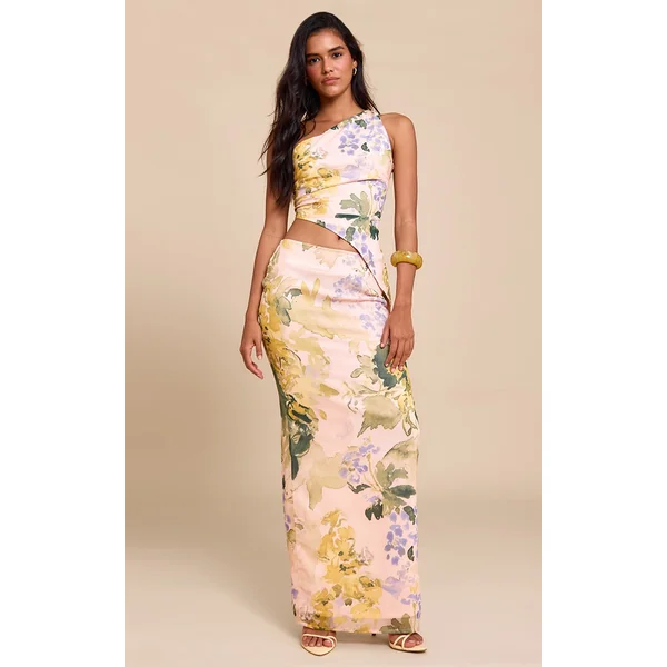 Nude Floral Print Chiffon Maxi Skirt