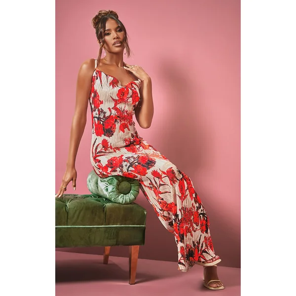 Nude Floral Print Plisse Strappy Maxi Dress