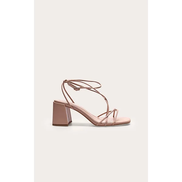 Nude Pu Round Toe Strappy Mid Block Heeled Sandals