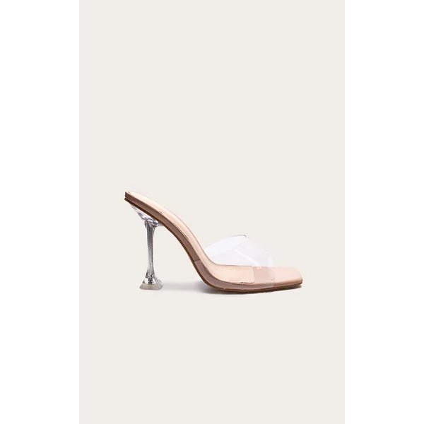 Nude Pu Square Toe Clear Perspex Heeled Mules