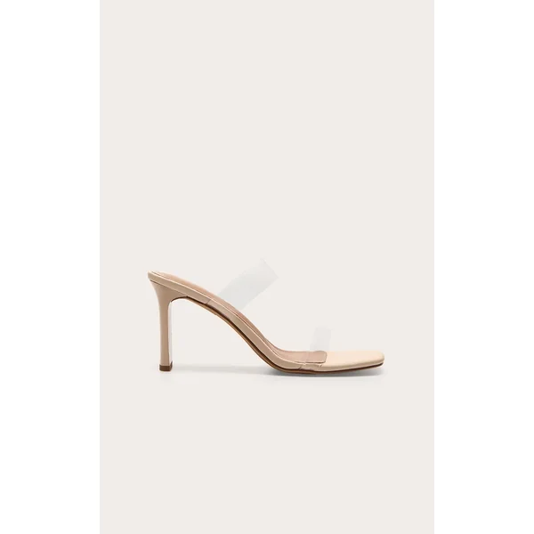 Nude Pu Square Toe Perspex Straps High Thin Block Heeled Mules