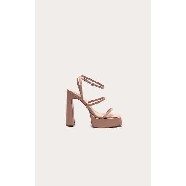 Nude Pu Square Toe Platform Heeled Sandals