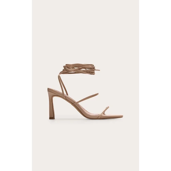 Nude Pu Square Toe Strappy Lace Up Mid Stiletto Heeled Sandals