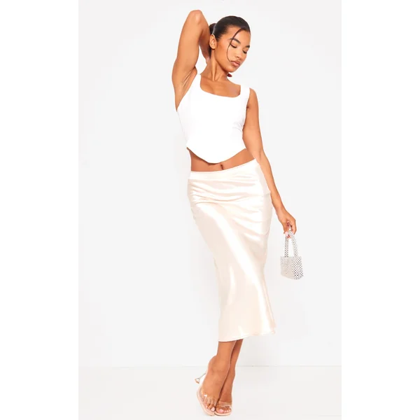 Nude Satin Bias Cut Midi Skirt