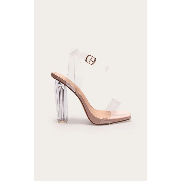 Nude Wide Fit Clear High Block Heel Strappy Heel Sandals