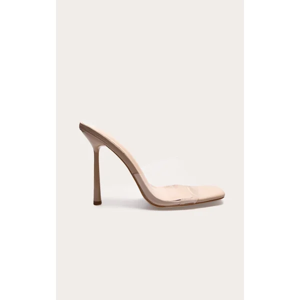 Nude Wide Fit Clear Strap Heeled Mules