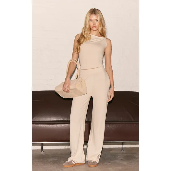 Oatmeal Basic Knit Wide Leg Pants