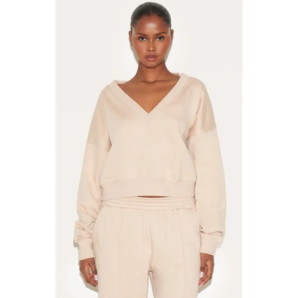 Oatmeal Boxy V Neck Sweatshirt