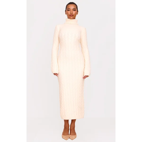 Oatmeal Chunky Cable Knit Roll Neck Maxi Sweater Dress