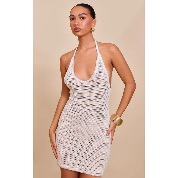 Oatmeal Contrast Stitch Crochet Halter Neck Mini Dress Beige