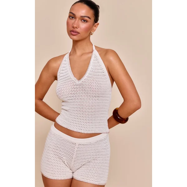 Oatmeal Contrast Stitch Crochet Halter Neck Top Beige