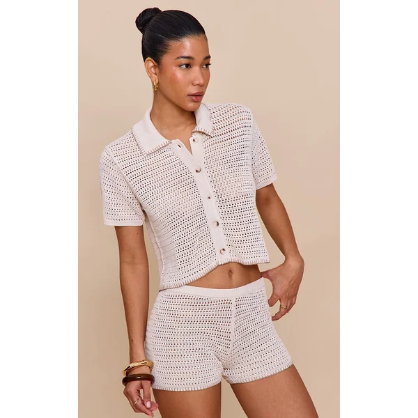 Oatmeal Contrast Stitch Crochet Knit Short