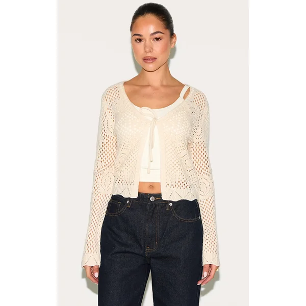 Oatmeal Crochet Tie Front Cardigan