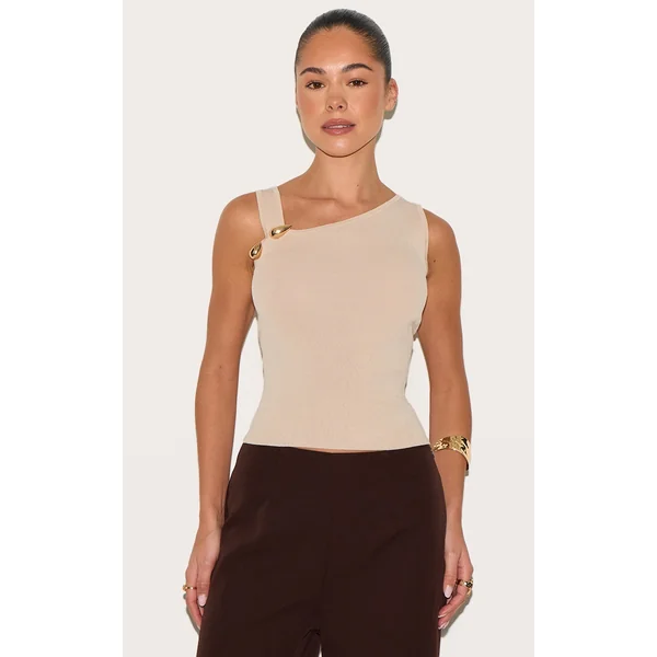 Oatmeal Fine Knit Gold Trim Asymmetric Neckline Top