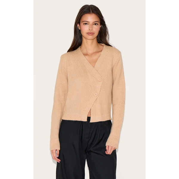 Oatmeal Knit Asymmetric Button Up Cardigan