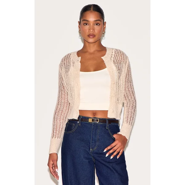 Oatmeal Ladder Knit Sheer Button Up Cardigan