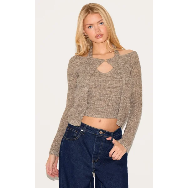 Oatmeal Layered Cold Shoulder Basic Knit Top