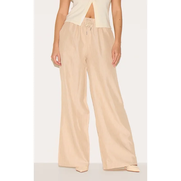Oatmeal Marl Linen Look Wide Leg Drawstring Pants