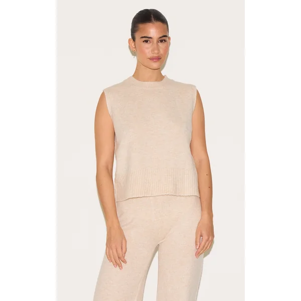 Oatmeal Marl Soft Knit High Neck Sleeveless Top