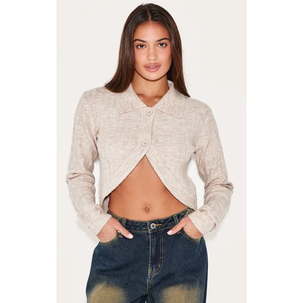 Oatmeal Marl Soft Rib Knit Crop Collar Detail Top