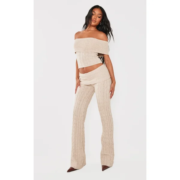 Oatmeal Marl Textured Knit Foldover Wide Leg Pants