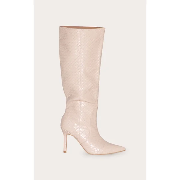 Oatmeal PU Point Toe Basket Weave Knee High Boots
