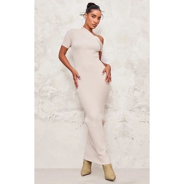 Oatmeal Rib Knit Asymmetric Neck Ruched Side Maxi Dress