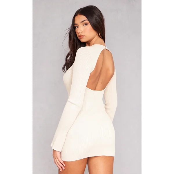 Oatmeal Rib Knit Open Back Mini Dress