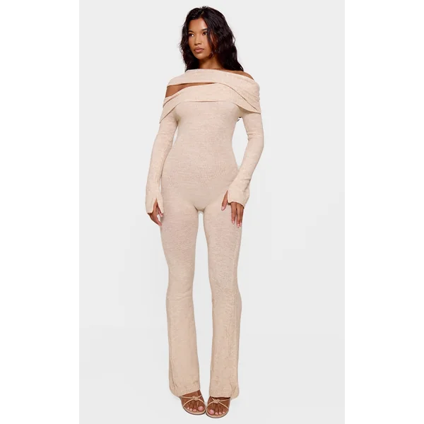 Oatmeal Soft Knit Bardot Foldover Asymmetric Neck Jumpsuit