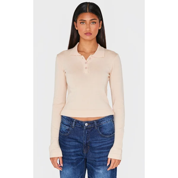 Oatmeal Soft Knit Button Up Polo Top