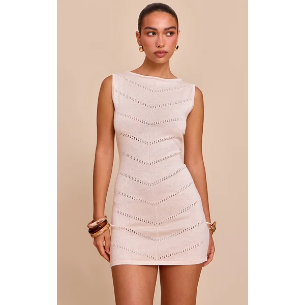 Oatmeal Soft Knit Pointelle Detail Boat Neck Mini Dress