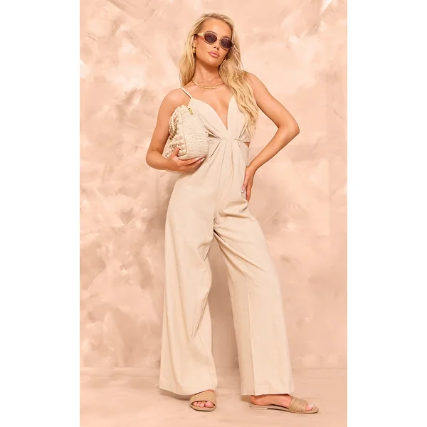Oatmeal Structured Linen Twist Detail Strappy Wide Leg Jumpsuit