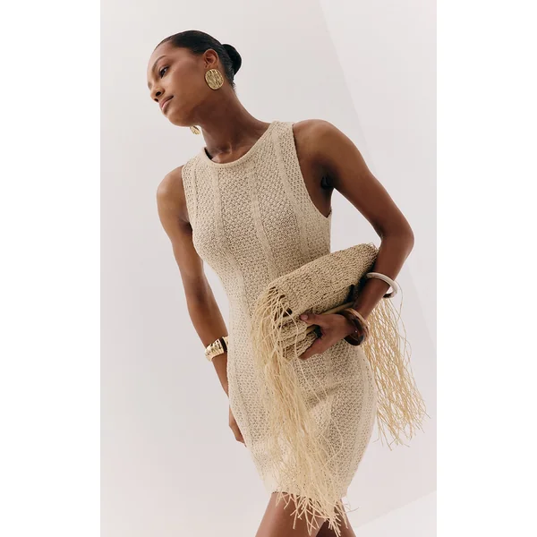 Oatmeal Textured Filigree Knit Boat Neck Mini Dress