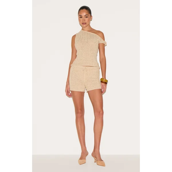 Oatmeal Textured Filigree Knit Mini Shorts
