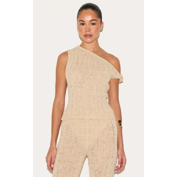 Oatmeal Textured Filigree Knit Twist Neck Vest Top