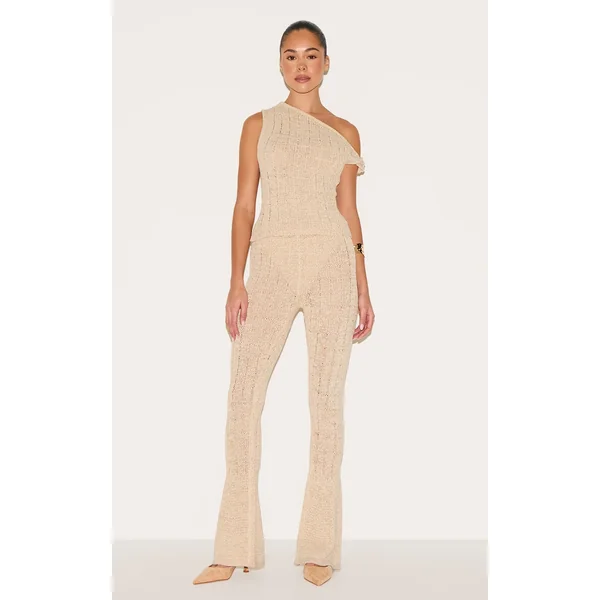 Oatmeal Textured Filigree Knit Wide Leg Pants