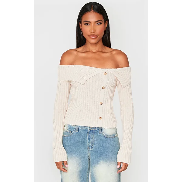 Oatmeal Thick Rib Bardot Foldover Button Up Top