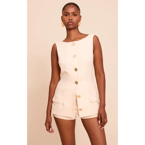 Oatmeal Woven Button Detail Skort Romper
