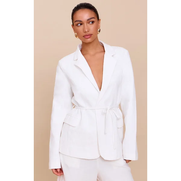 Off White Linen Look Tie Waist Blazer