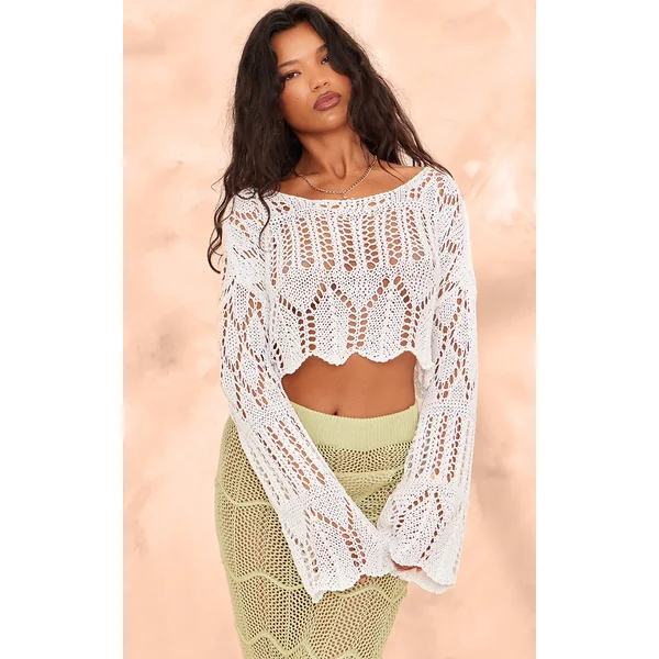 Off White Open Crochet Knit Slouchy Flared Sleeve Sweater
