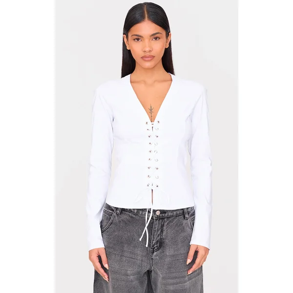 Off White Stretch Woven Tie Front Fitted Shirt