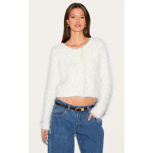 Off White Textured Fluffy Knit Button Up Cardigan