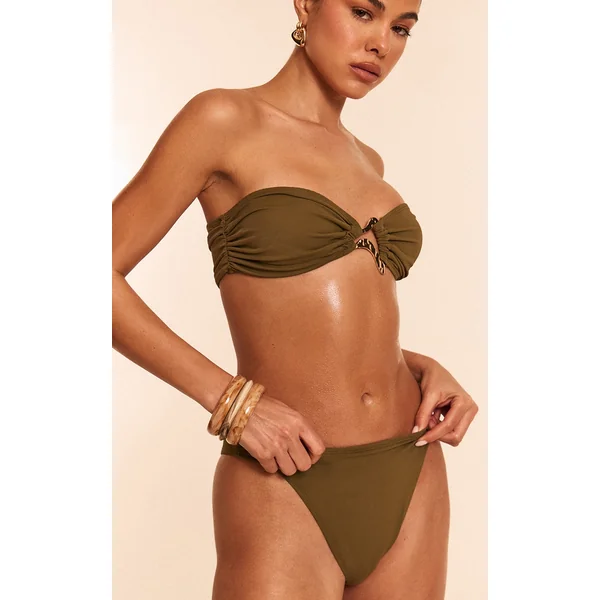Olive Bandeau Gold Trim Bikini Set