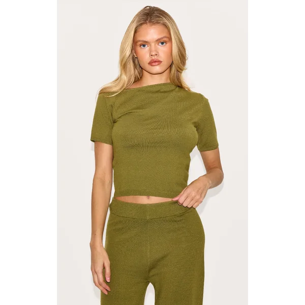 Olive Basic Knit Asymmetric Neckline Top