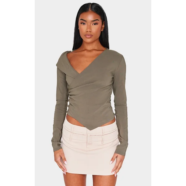 Olive Bengaline Asymmetric Ruched Long Top