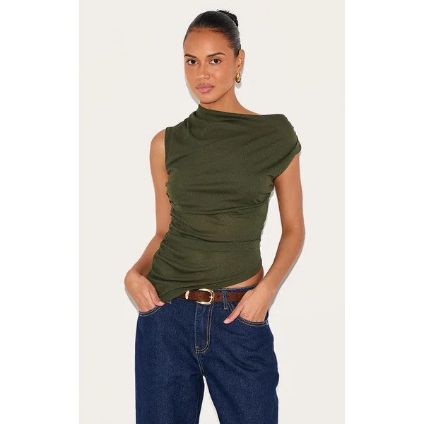 Olive Burnout Mesh Asymmetric Hem Long Top