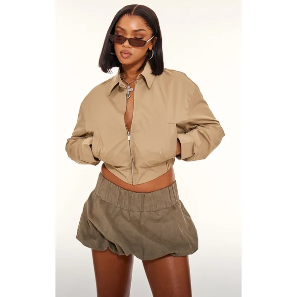 Olive Canvas Collar Detail Zip Up Jacket