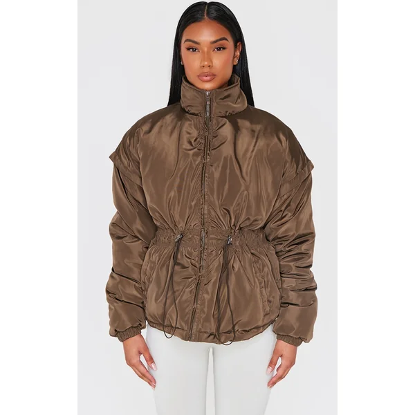 Olive Cinched Waist Padded Jacket