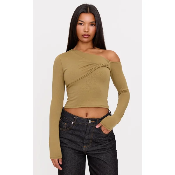 Olive Contour Jersey Asymmetric Twist Detail Long Sleeve Top