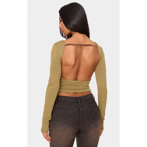 Olive Contour Jersey Buckle Detail Backless Long Sleeve Top